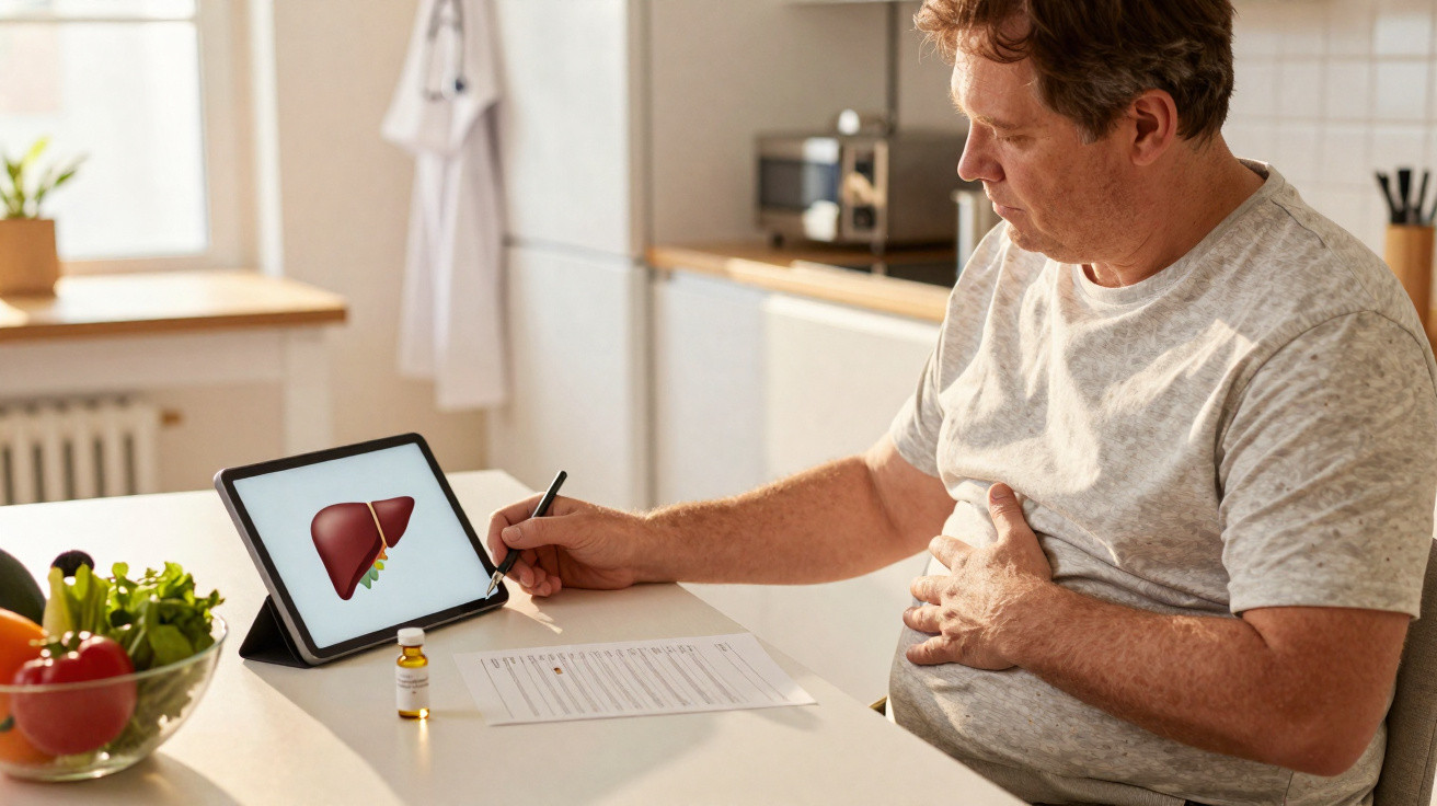 Mann hält sich den Bauch und betrachtet auf Tablet eine Illustration einer Leber in heller Küche.