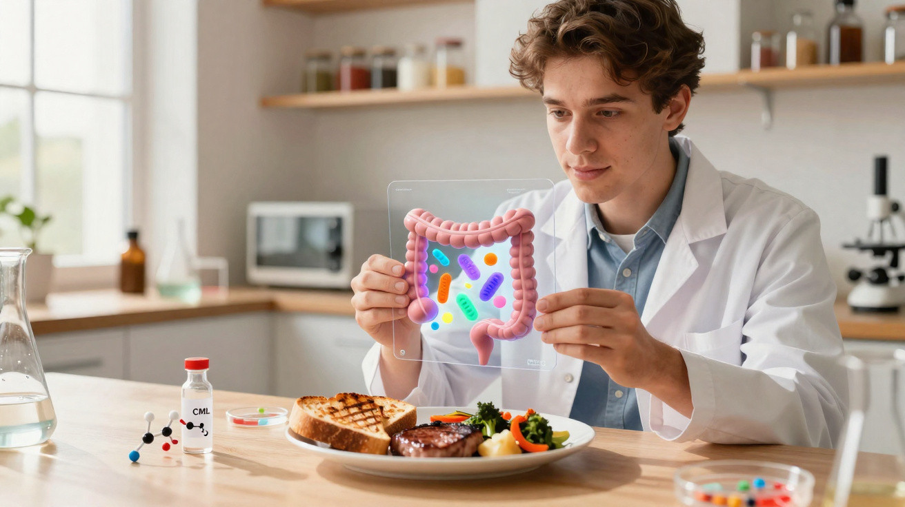 Junger Wissenschaftler hält transparentes Modell des Darms mit bunten Bakterien im Labor vor Essen.