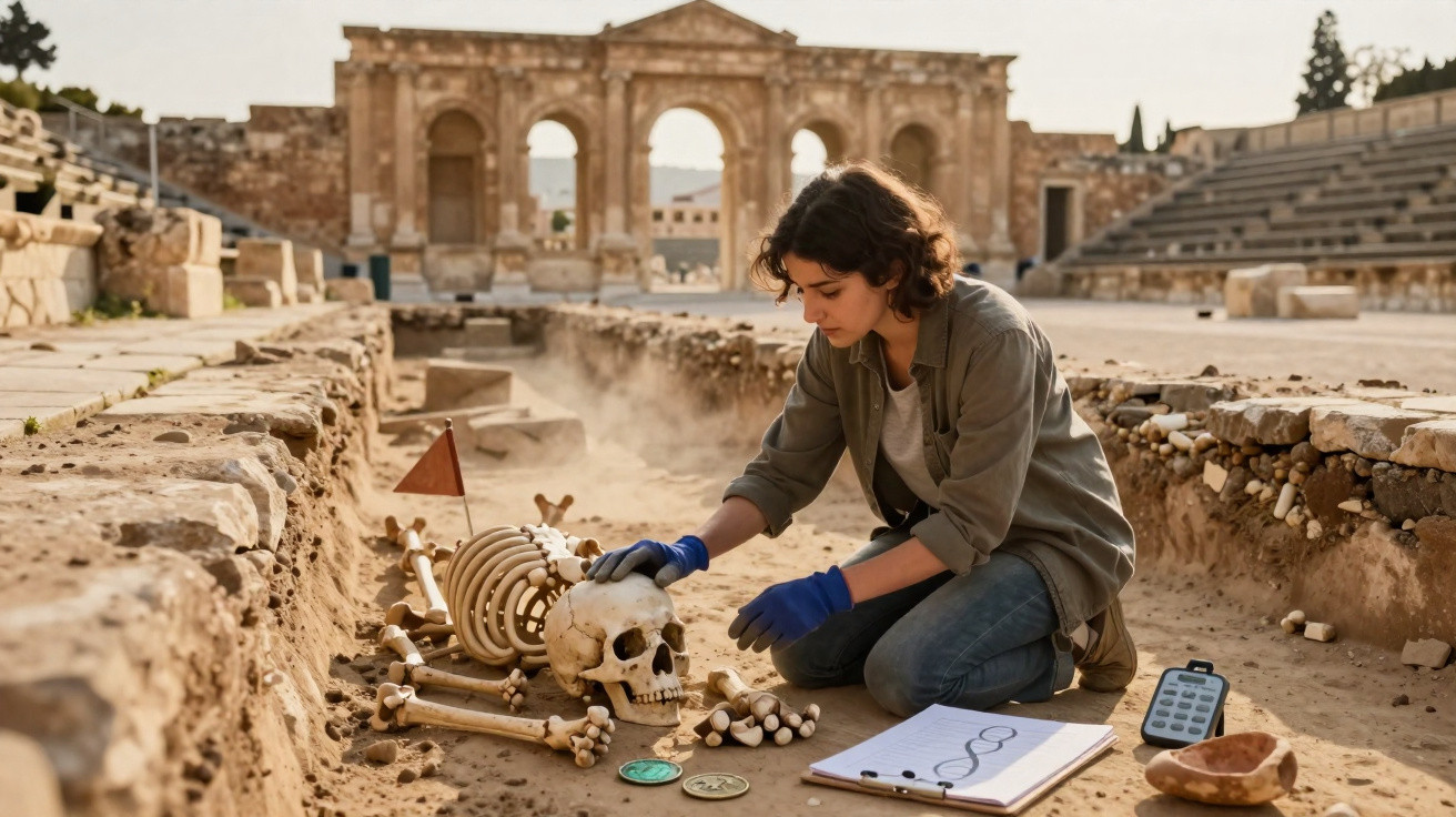 Archäologin untersucht menschliche Skelettreste bei Ausgrabung vor römischer Ruine mit Dokumentation.