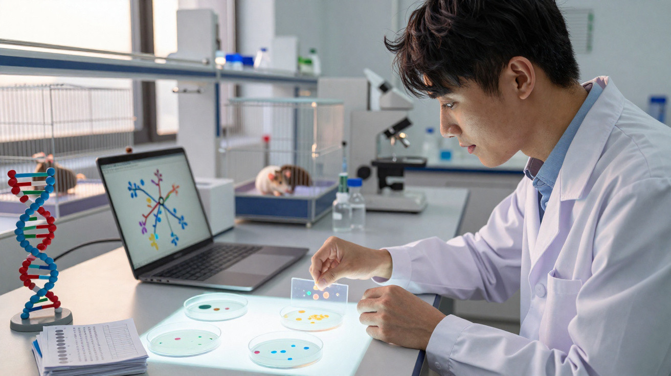 Wissenschaftler im Labor analysiert Proben auf Glasplättchen mit DNA-Modell und Laptop im Hintergrund.
