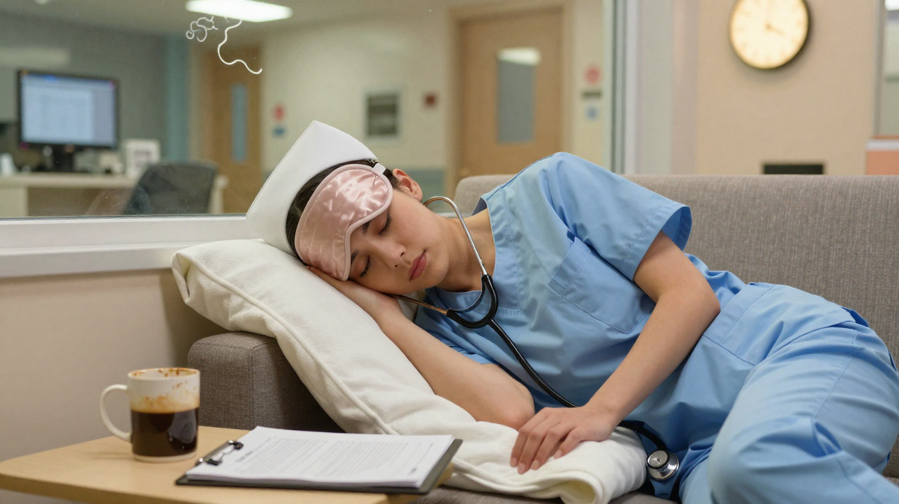 Krankenschwester ruht mit Schlafmaske und Stethoskop auf dem Sofa in einem Pausenraum neben einem Kaffeebecher.