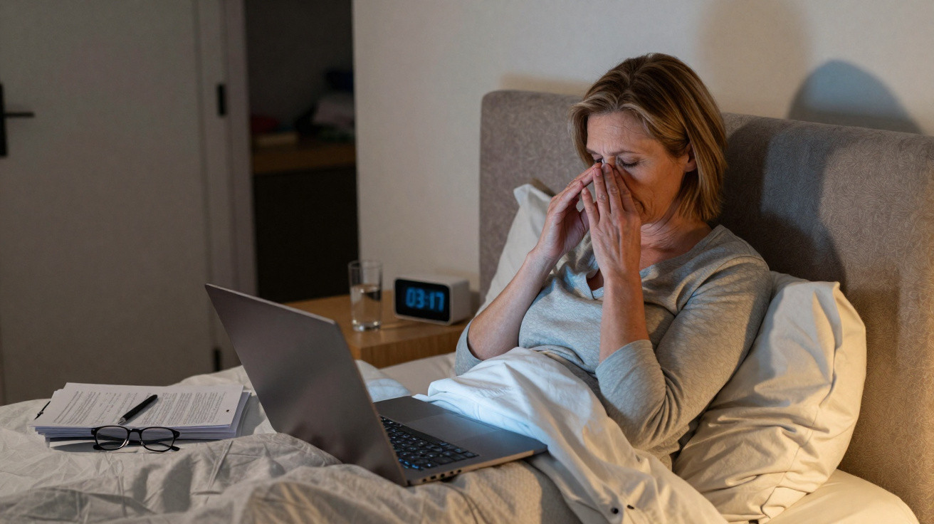 Müde Frau sitzt nachts im Bett mit Laptop und Papieren und reibt sich erschöpft die Augen.
