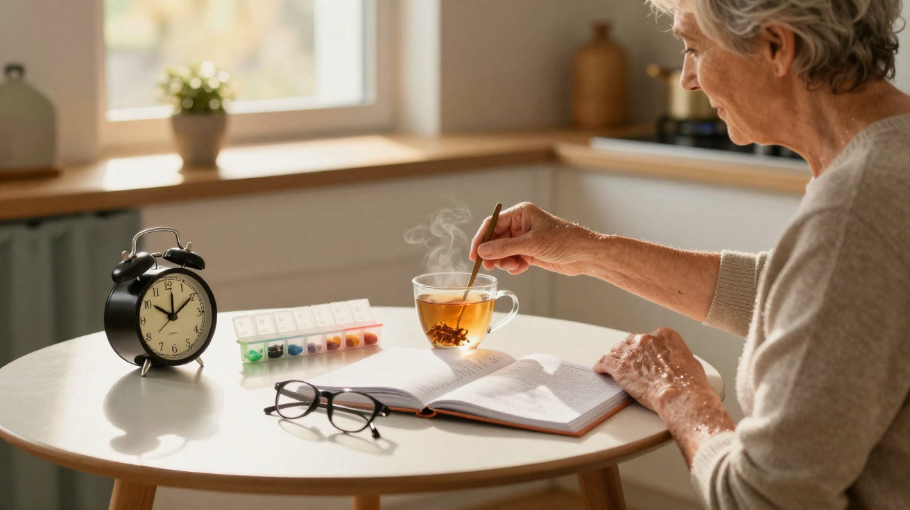 Ältere Frau sitzt am Tisch, rührt Tee in Tasse, neben offenes Buch, Brille, Pillendose und Wecker.