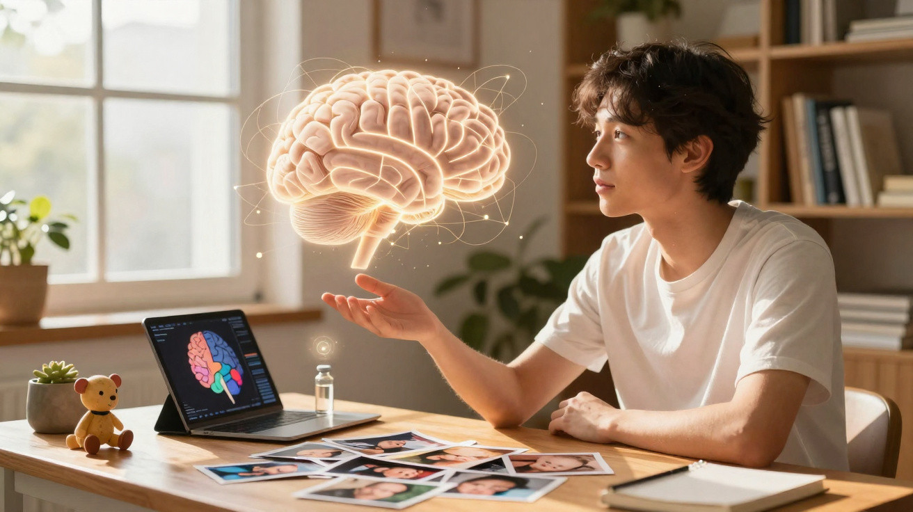 Junger Mann analysiert ein digitales 3D-Hirnmodell neben einem Laptop mit Gehirngrafik am Schreibtisch.