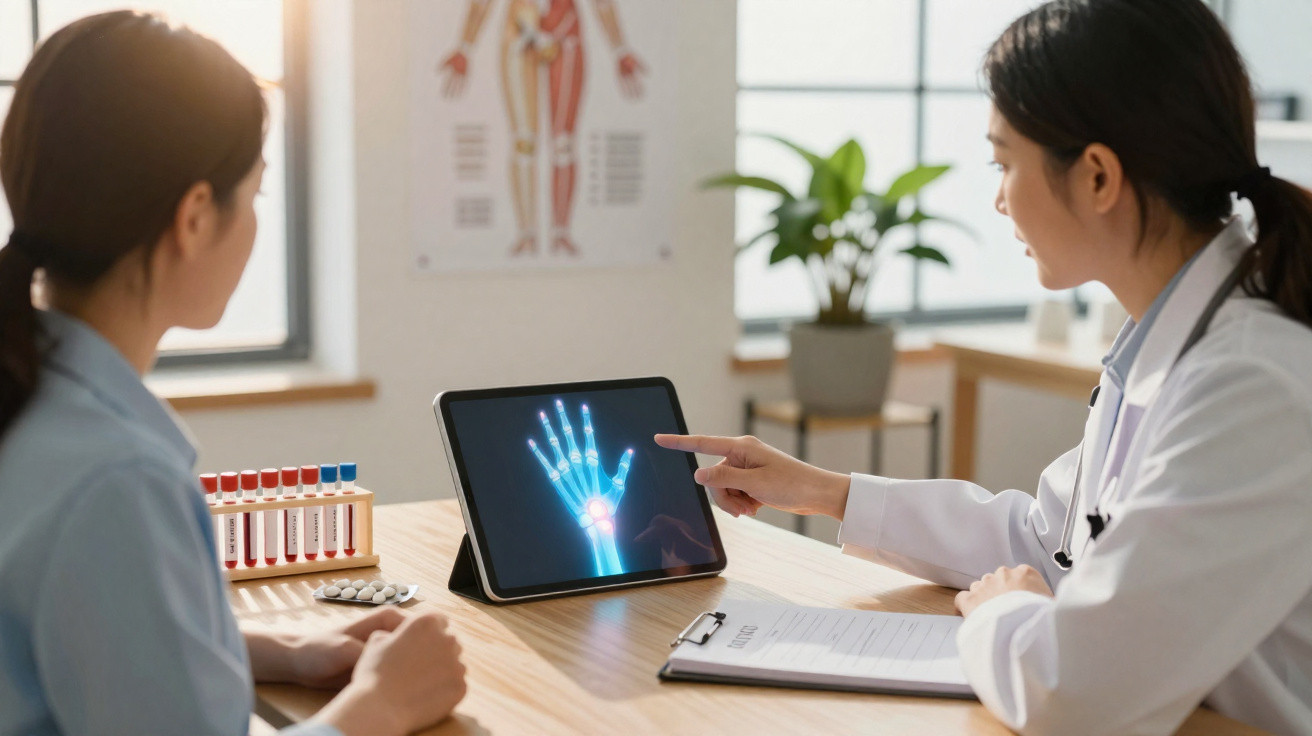 Ärztin erklärt Patientin digitale Röntgenaufnahme einer Hand mit markiertem Gelenk schmerzhaft entzündet.