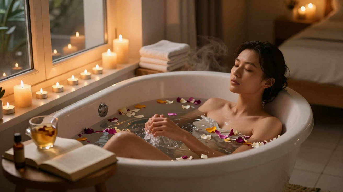 Frau entspannt sich bei Kerzenlicht in einer Badewanne mit Rosenblättern in einem gemütlichen Badezimmer.
