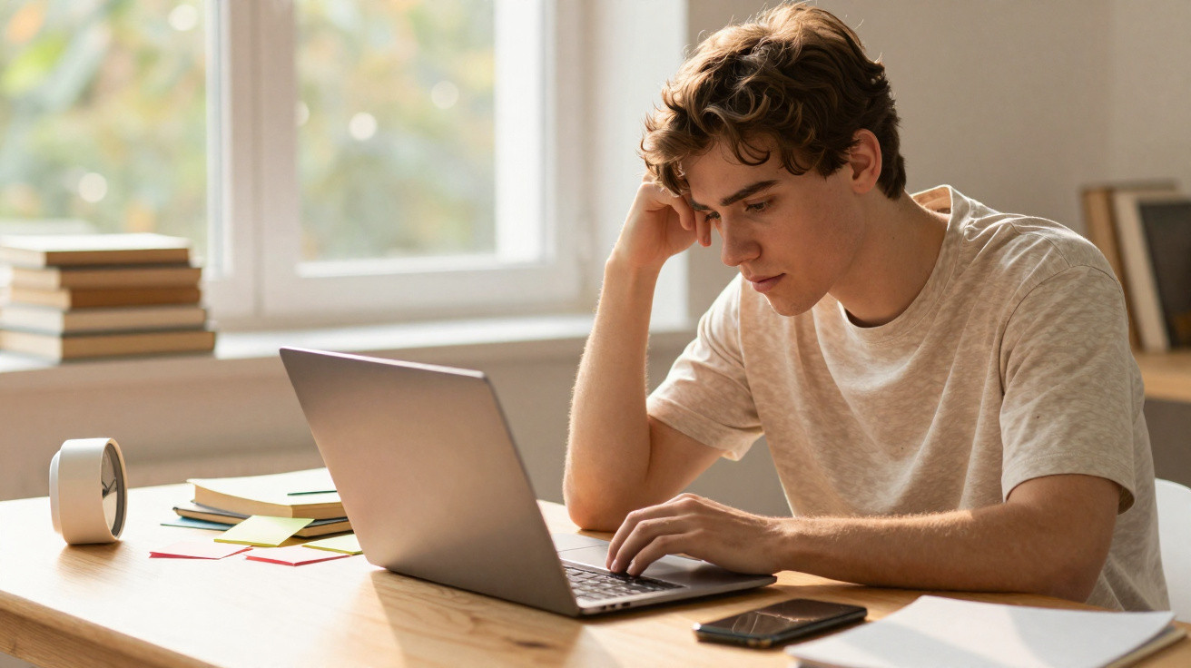 Junger Mann arbeitet konzentriert an Laptop an hellem Schreibtisch mit Büchern und Smartphone im Hintergrund.