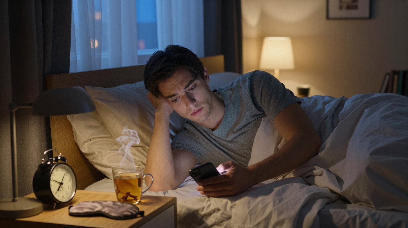 Junger Mann liegt nachts im Bett und schaut besorgt auf sein Smartphone, Tee dampft am Bett.