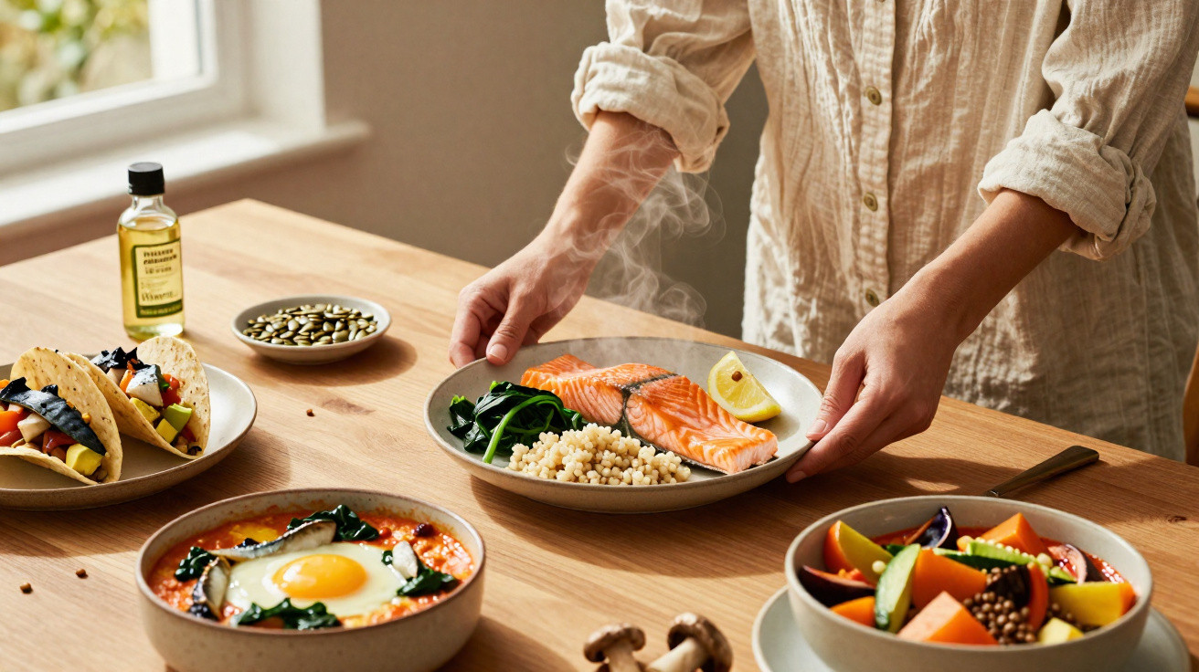 Person stellt dampfenden Teller mit Lachsfilet, Couscous und Spinat auf Holztisch mit weiteren Gerichten.