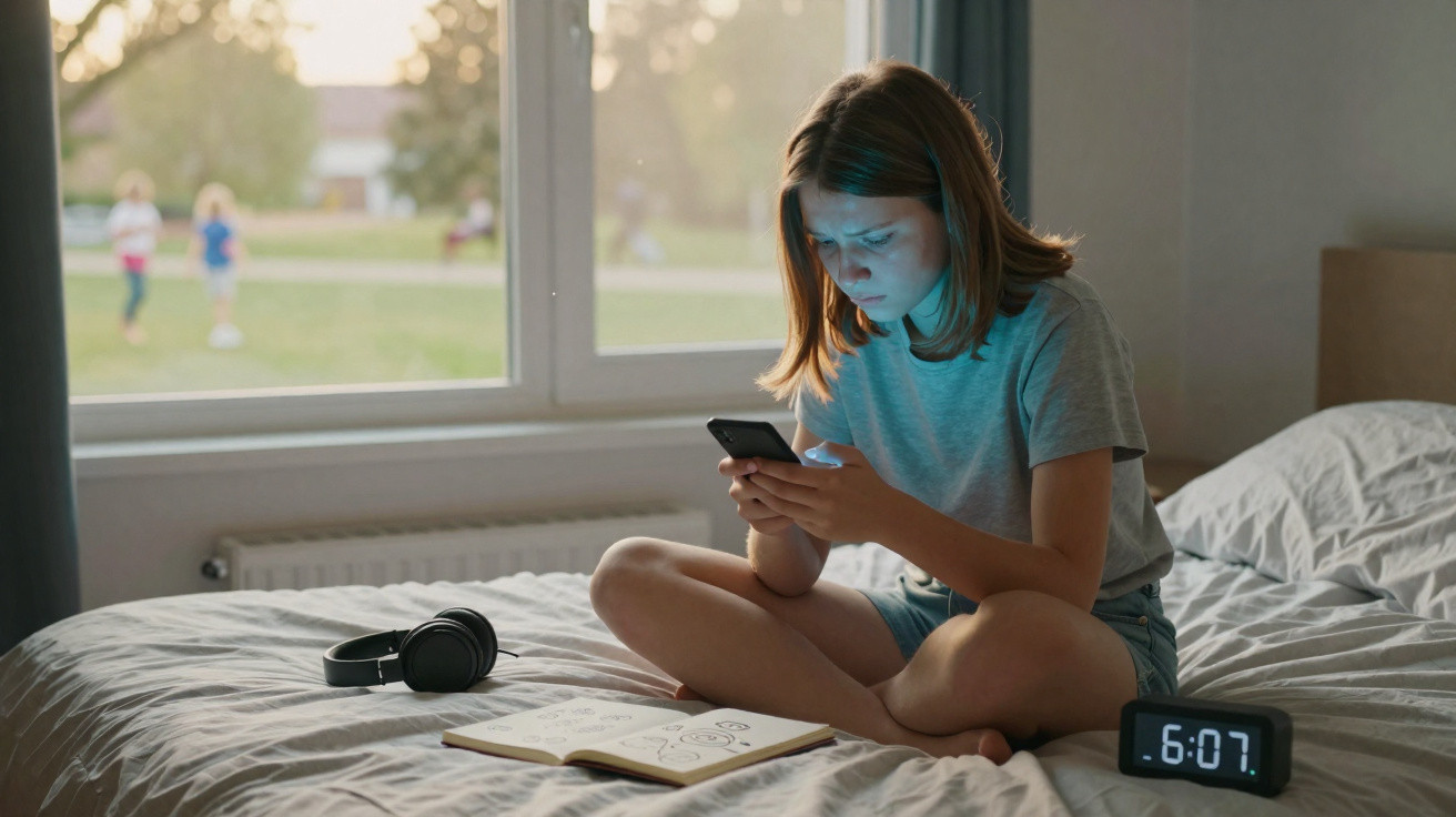 Mädchen sitzt abends auf Bett, liest auf Smartphone, neben offenem Notizbuch und digitalem Wecker.