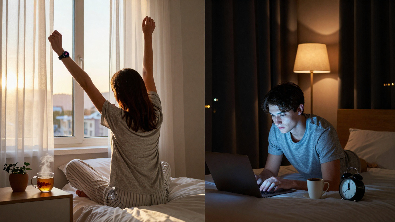 Links Frau sitzt am Morgen auf dem Bett und streckt sich, rechts Mann arbeitet spät nachts am Laptop im Bett.