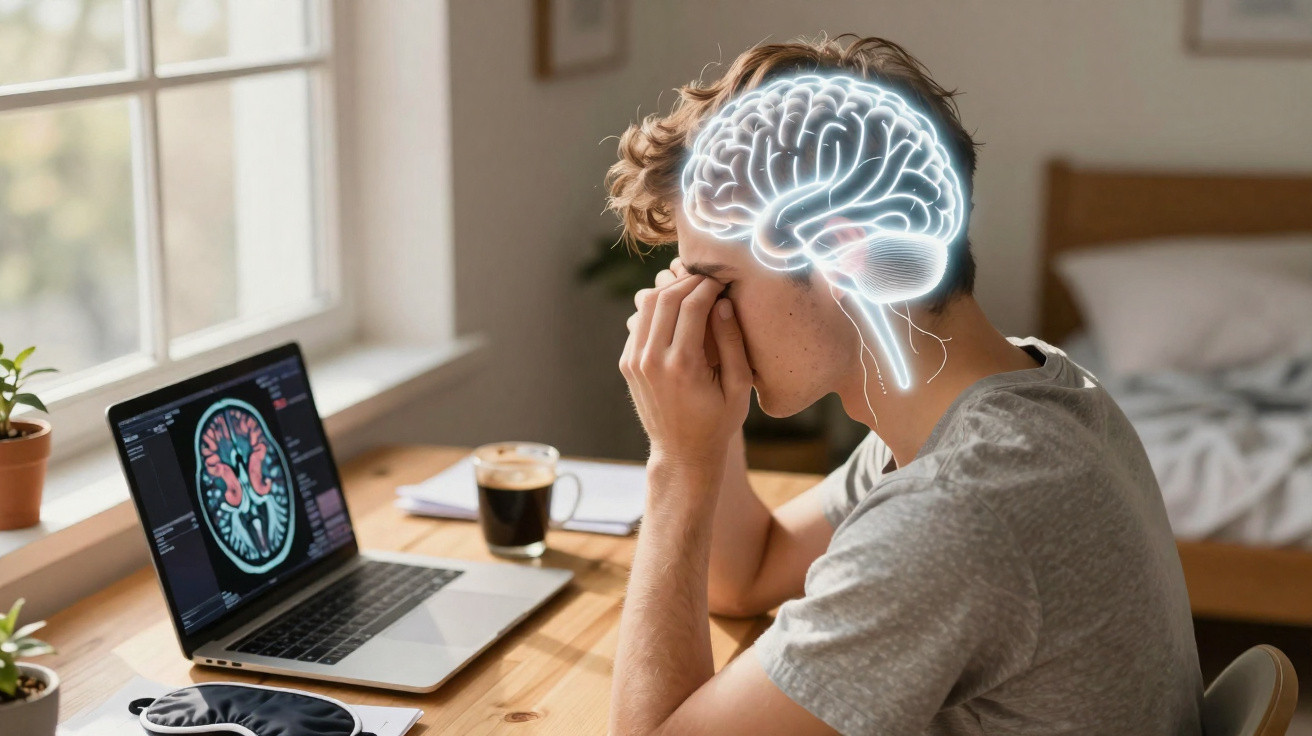 Junger Mann sitzt am Tisch, hält sich den Kopf, digitale Gehirnprojektion neben gehaltener Stirn sichtbar.