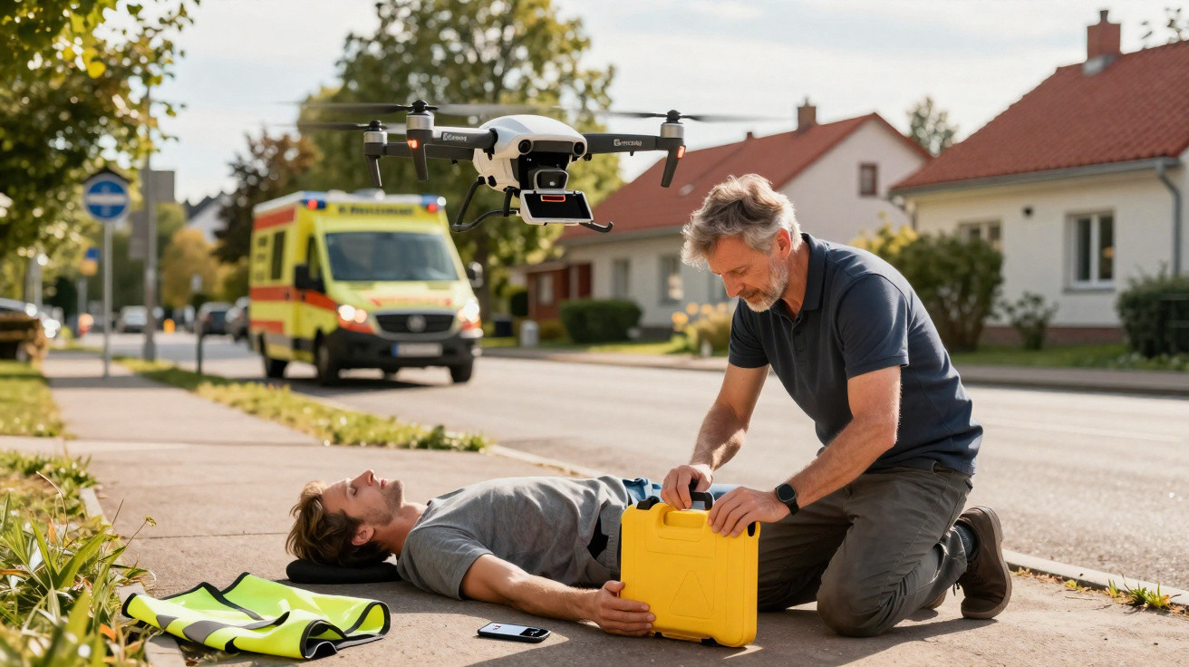 Mann startet Drohnen-Defibrillator auf Gehweg bei bewusstlosem Mann, Krankenwagen im Hintergrund, sonniger Tag