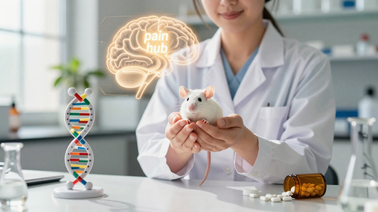 Wissenschaftlerin hält Laborratte, DNA-Modell, Medikamente und leuchtendes Gehirn mit "pain hub" im Labor.