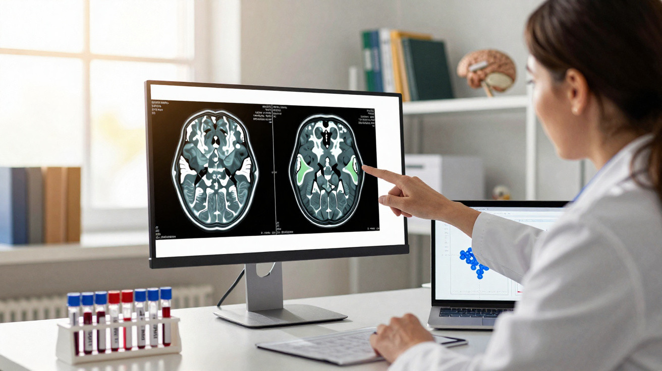 Ärztin analysiert Gehirn-CT-Bilder auf einem Monitor im hellen Büro mit medizinischer Ausrüstung.
