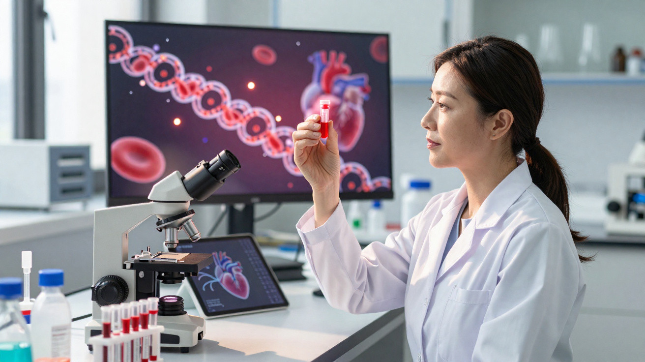Wissenschaftlerin im Labor untersucht Blutprobe vor Bildschirm mit Herz- und Blutbild-Darstellung.