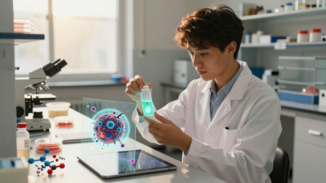 Junger Wissenschaftler untersucht Flüssigkeit mit digitaler Darstellung eines Virus im Labor.