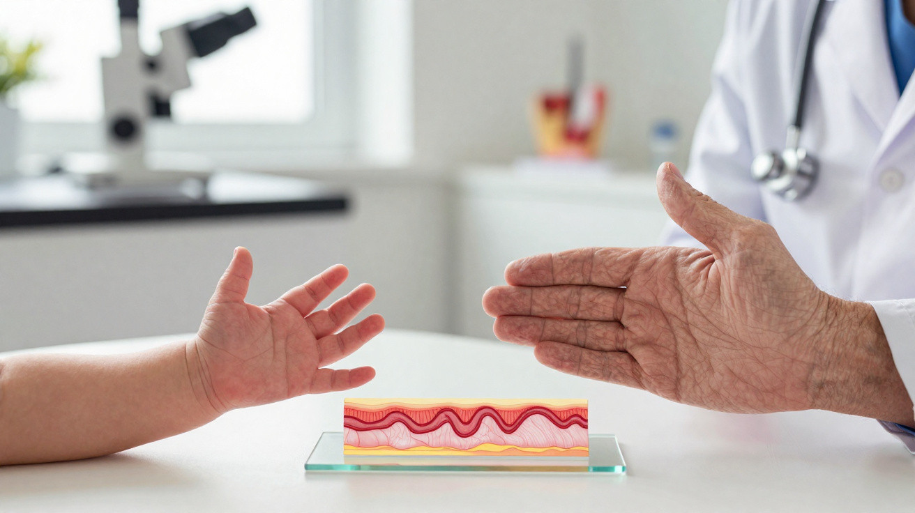 Arzt erklärt Kind mit Händen Blutgefäßmodell zur Dermatologie oder Hauterkrankungen im Behandlungsraum.