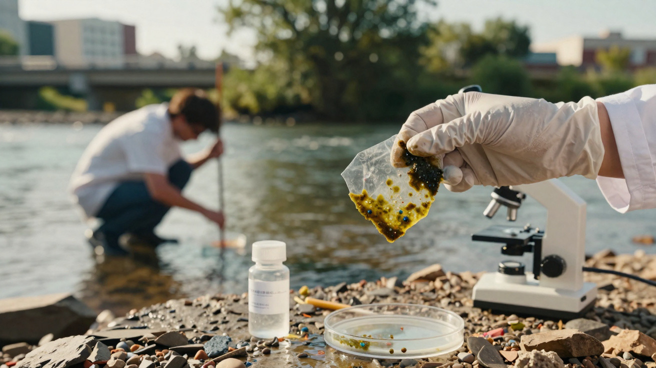 Hand mit Handschuh hält Probe mit Mikroorganismen, im Hintergrund entnimmt Person Wasserprobe aus Flussufer.