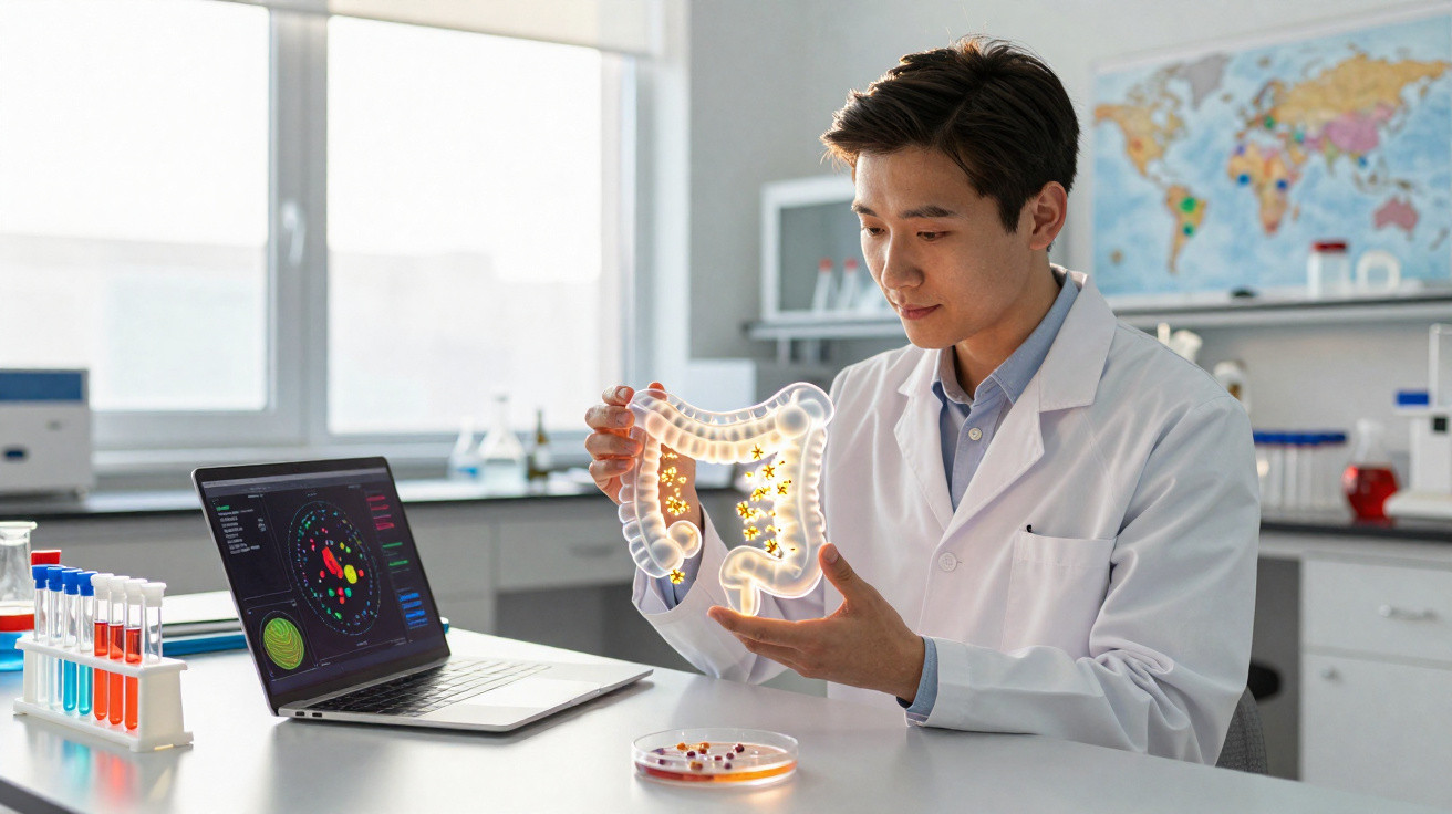 Wissenschaftler im Labor untersucht digitales Modell des menschlichen Darms neben Laptop und Reagenzgläsern.