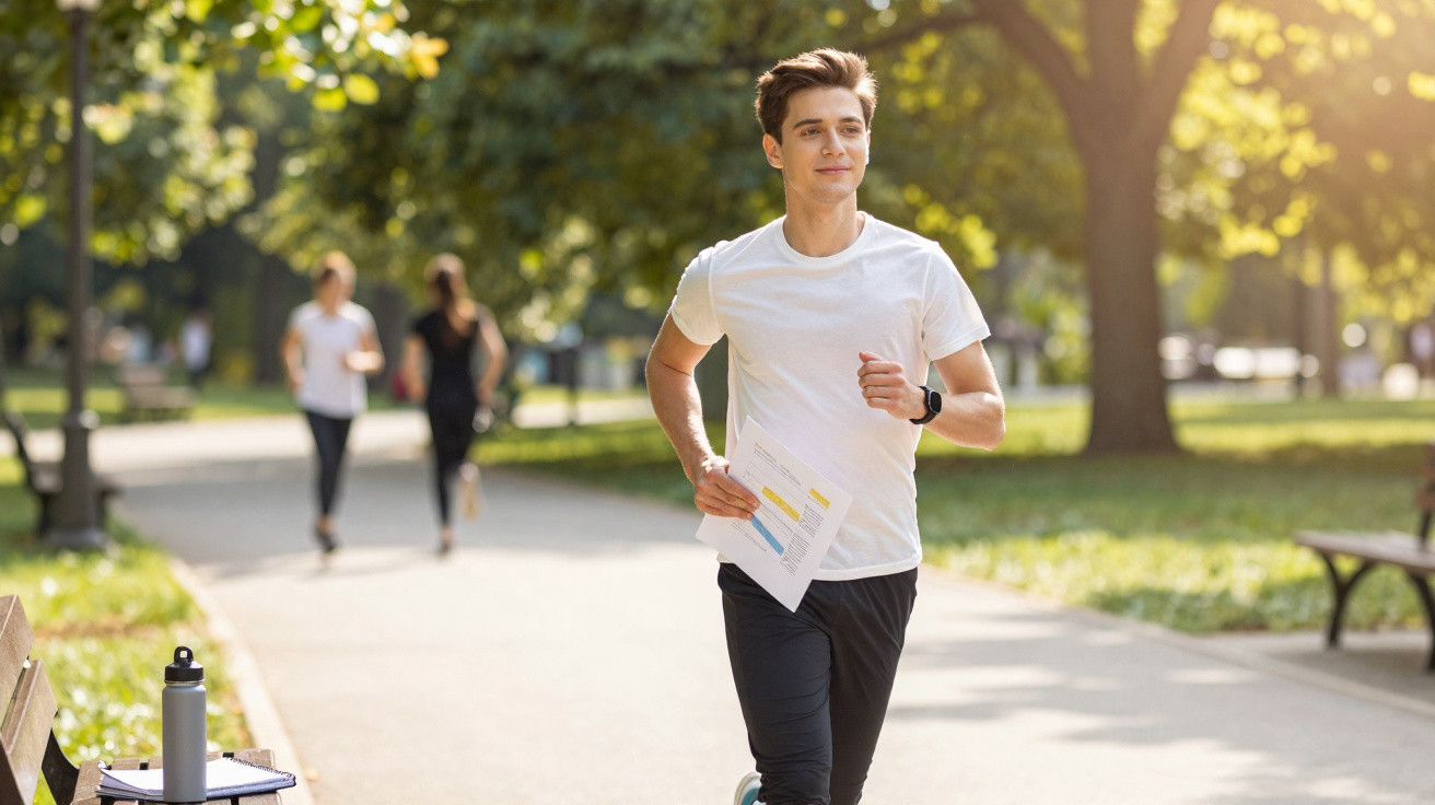 Junger Mann joggt mit Dokumenten in der Hand in einem sonnigen Park auf einem Weg.