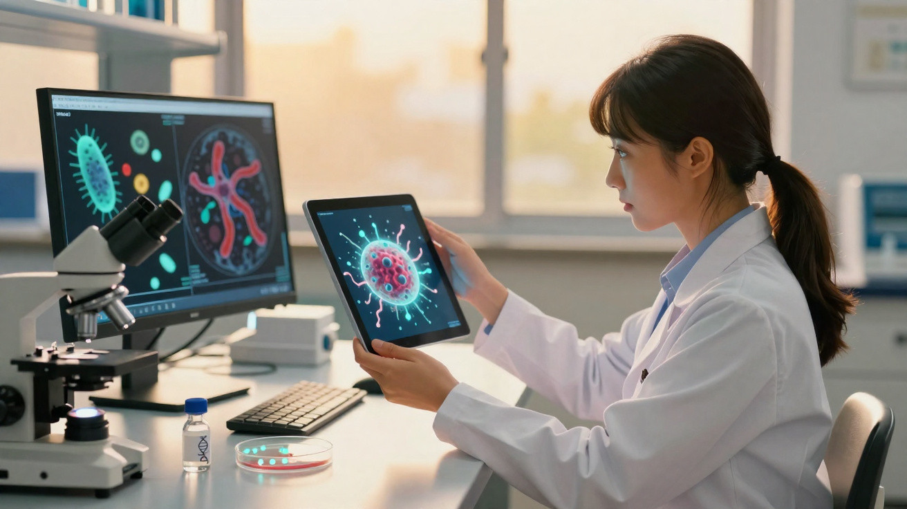 Wissenschaftlerin im Labor analysiert Virenbilder auf Tablet und Computer mit Mikroskop und Laborutensilien auf Tisch.