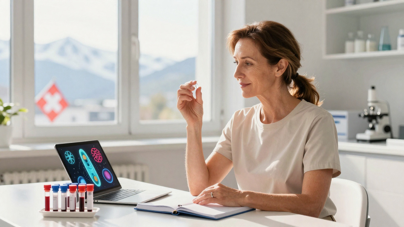 Frau untersucht eine Pille im Labor mit Blutproben und Laptop, Berge und Schweizer Flagge im Hintergrund.