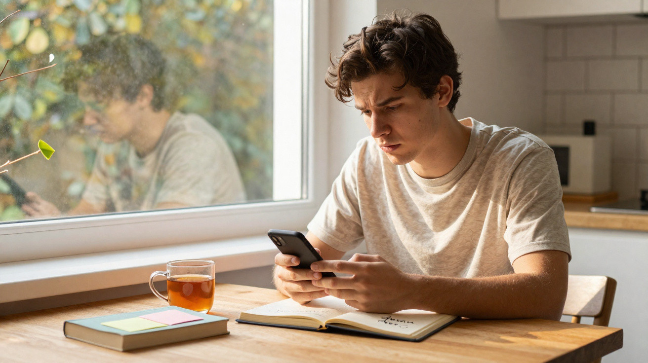 Junger Mann sitzt am Tisch, schaut konzentriert auf sein Handy, mit offenem Notizbuch und Tee neben ihm.