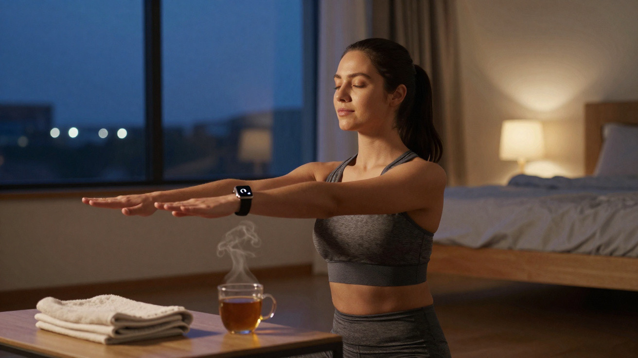 Frau in Sportkleidung macht Yogaübungen abends im Schlafzimmer neben einem Tisch mit dampfendem Tee und Handtüchern.