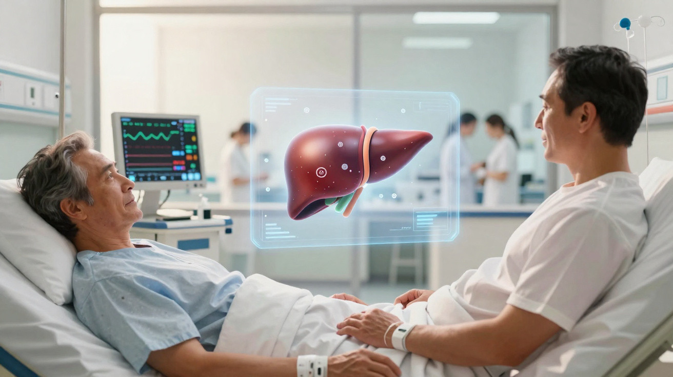 Arzt erklärt Patient mit Leber-Hologramm im Krankenhausbett medizinische Situation.