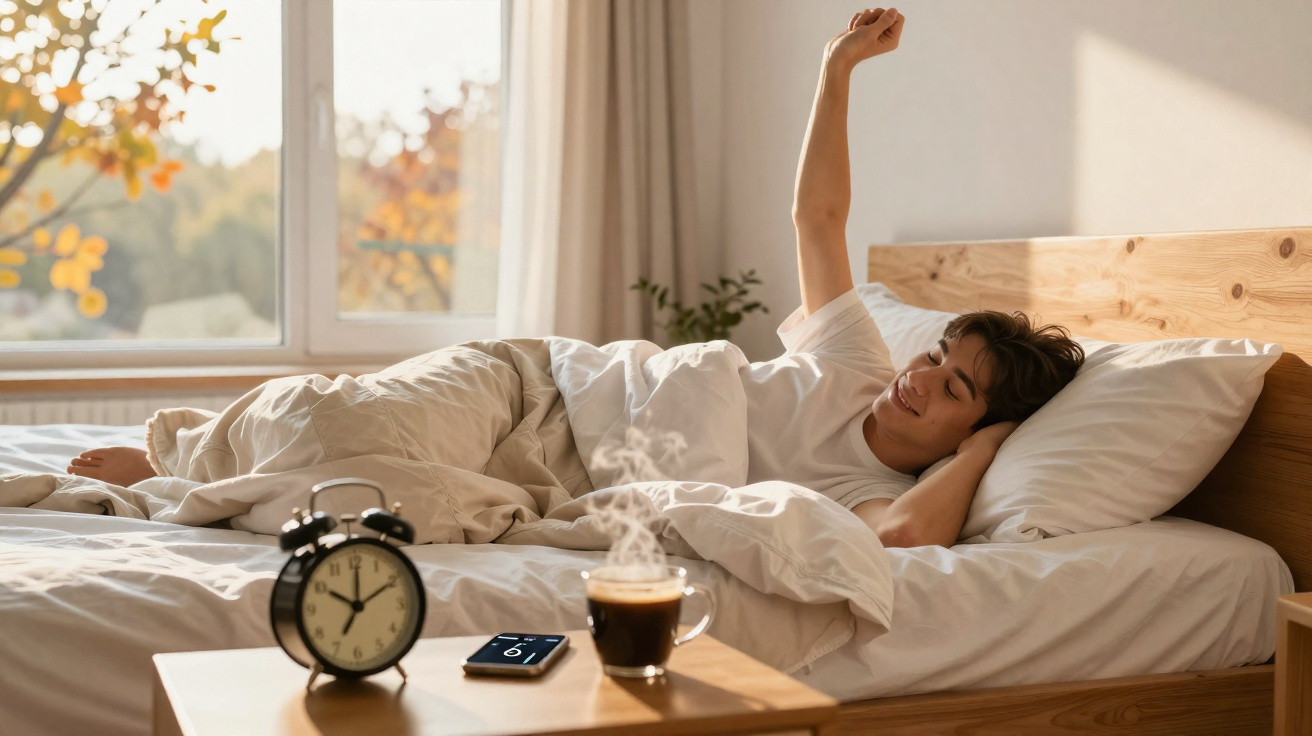 Junge Person reckt sich im Bett, daneben Wecker, Smartphone und dampfender Kaffee auf Nachttisch.
