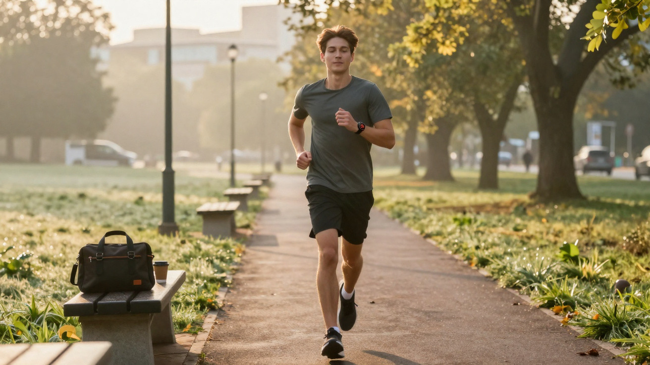 Mann joggt im Park auf einem Weg umgeben von Bäumen, Bänken und grünem Gras bei Sonnenaufgang.