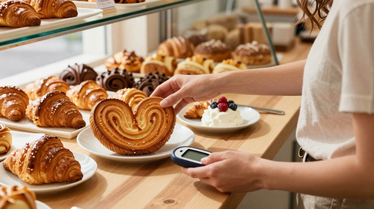 Frau hält ein großes Stück Plundergebäck vor einer Theke voller Croissants und süßer Backwaren.