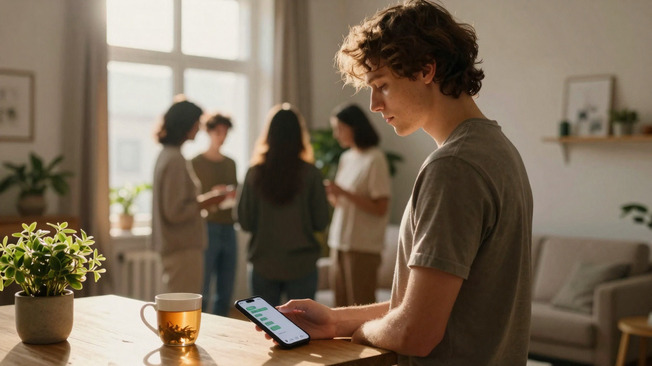 Junger Mann sitzt allein am Tisch und schaut nachdenklich auf sein Smartphone, vier Personen im Hintergrund.