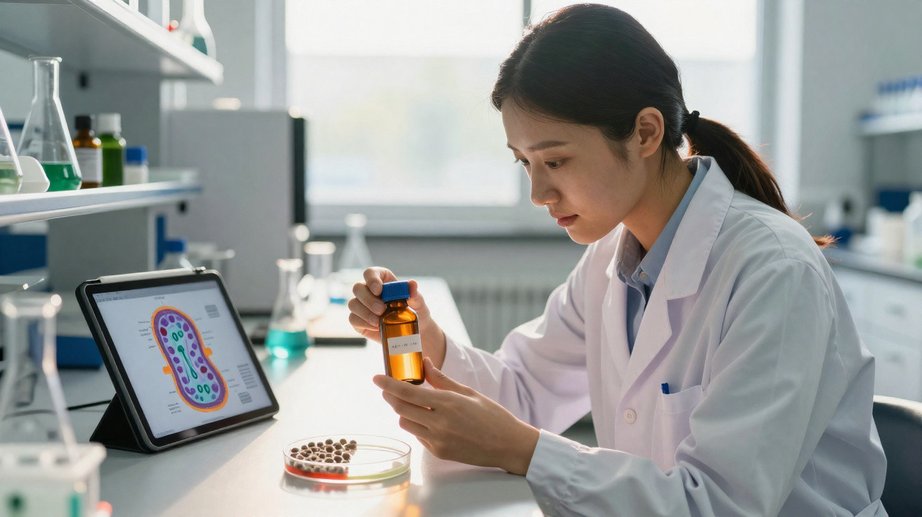 Wissenschaftlerin untersucht Fläschchen mit Probe im Labor, Tablet zeigt vergrößerte Mikrobiologie-Visualisierung.