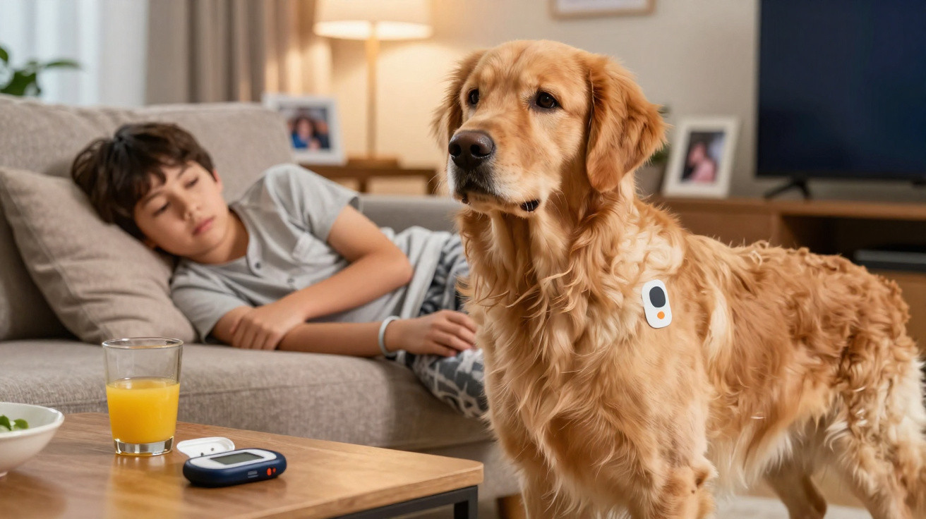 Junge liegt schlafend auf Sofa, Golden Retriever mit Sensor am Hals in Wohnzimmer neben Tisch mit Messgerät und Saft.