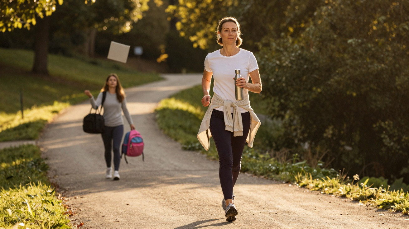 Frau joggt mit Wasserflasche auf Waldweg, im Hintergrund Frau mit Tasche und Rucksack spazierend.