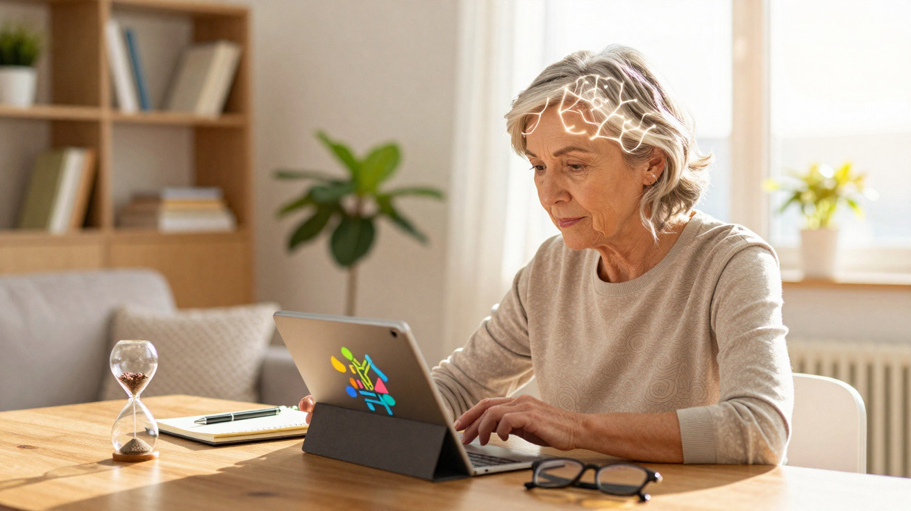 Ältere Frau nutzt Tablet zur Gehirnaktivierung in hellem Wohnzimmer mit Pflanze und Büchern im Hintergrund.