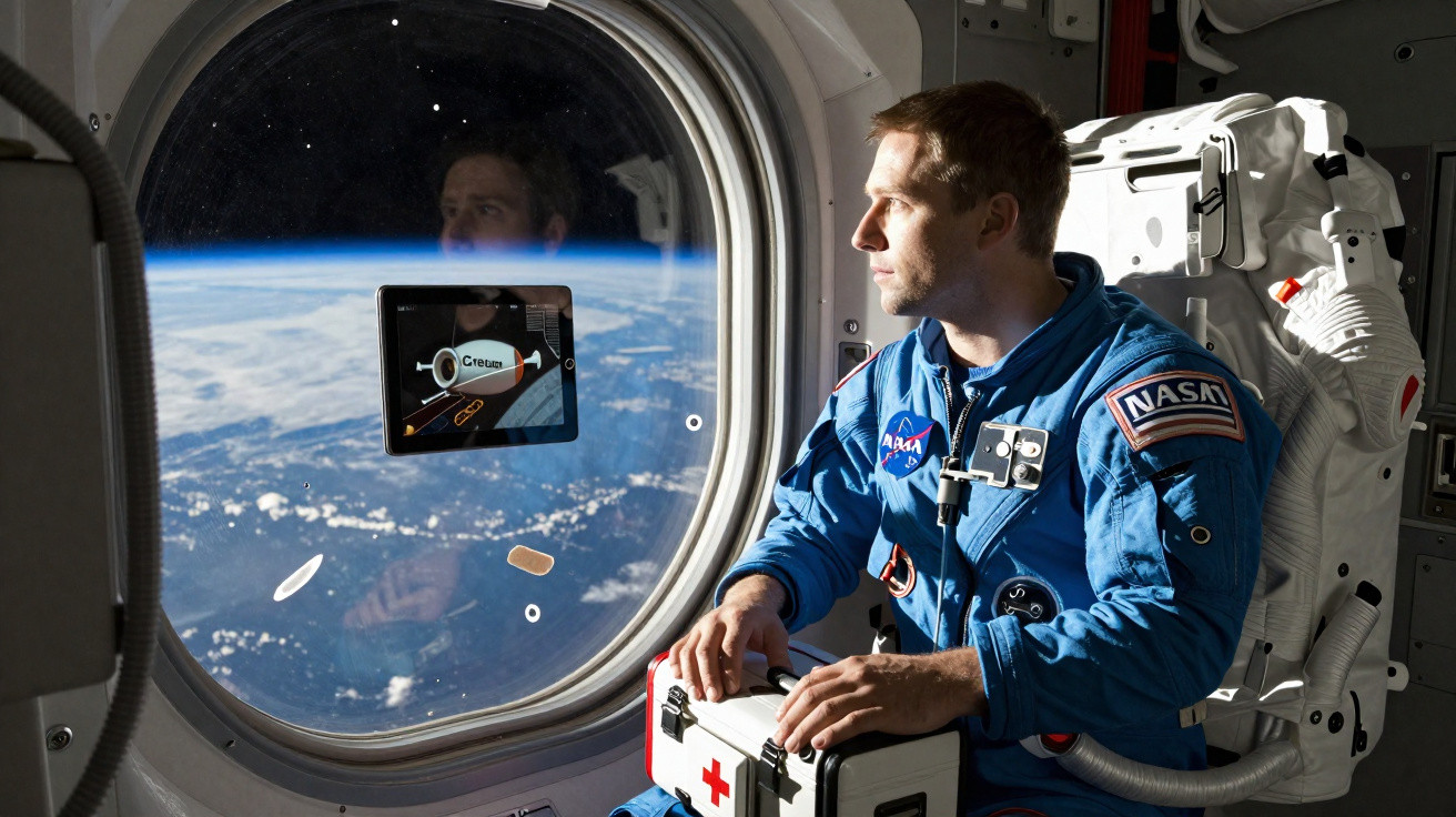 Astronaut in blauem NASA-Overall schaut aus dem Fenster der Raumstation auf die Erde im Hintergrund.
