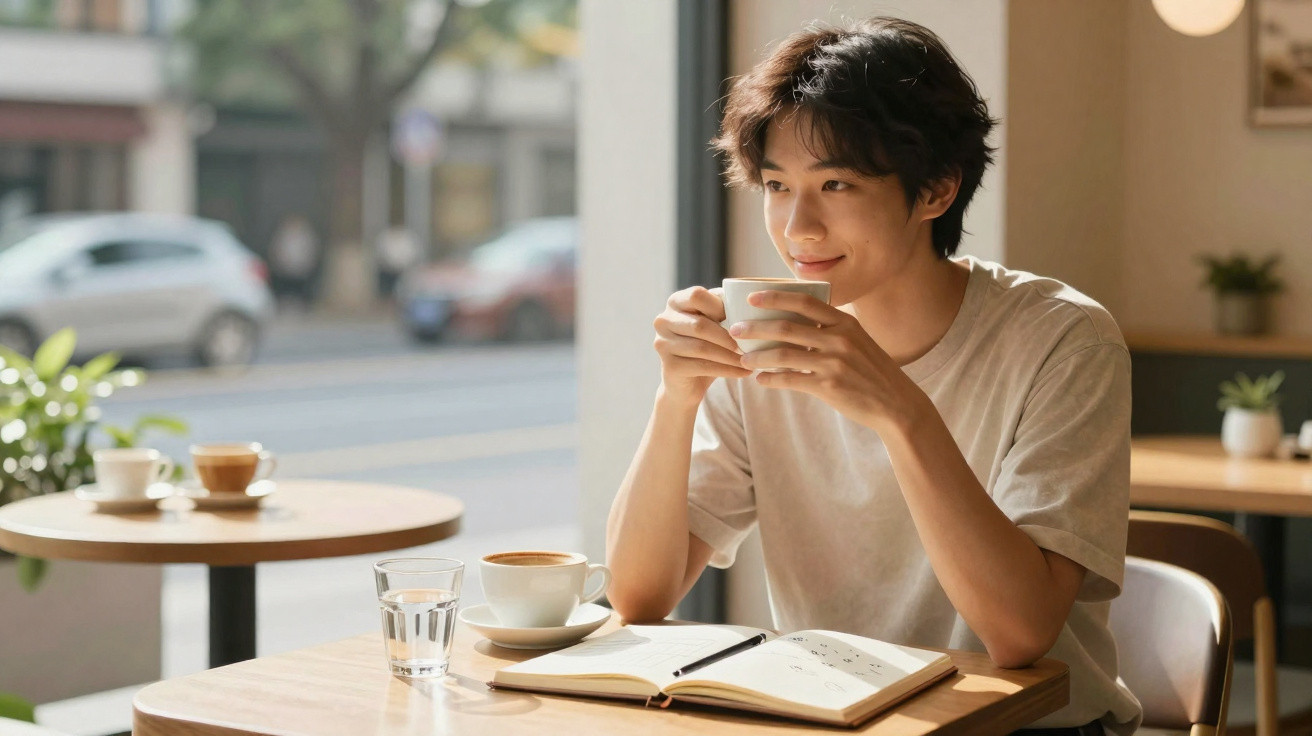 Junger Mann sitzt in Café, hält Tasse und lächelt, auf dem Tisch liegen ein Buch und Getränke.