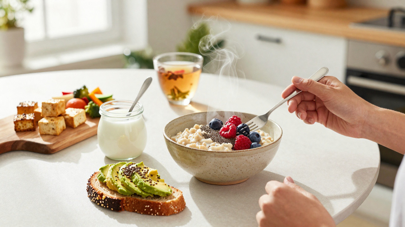 Dampfende Haferflocken mit Beeren, Avocado-Brot, Joghurt und Gemüse auf hellem Küchentisch bei Tageslicht.