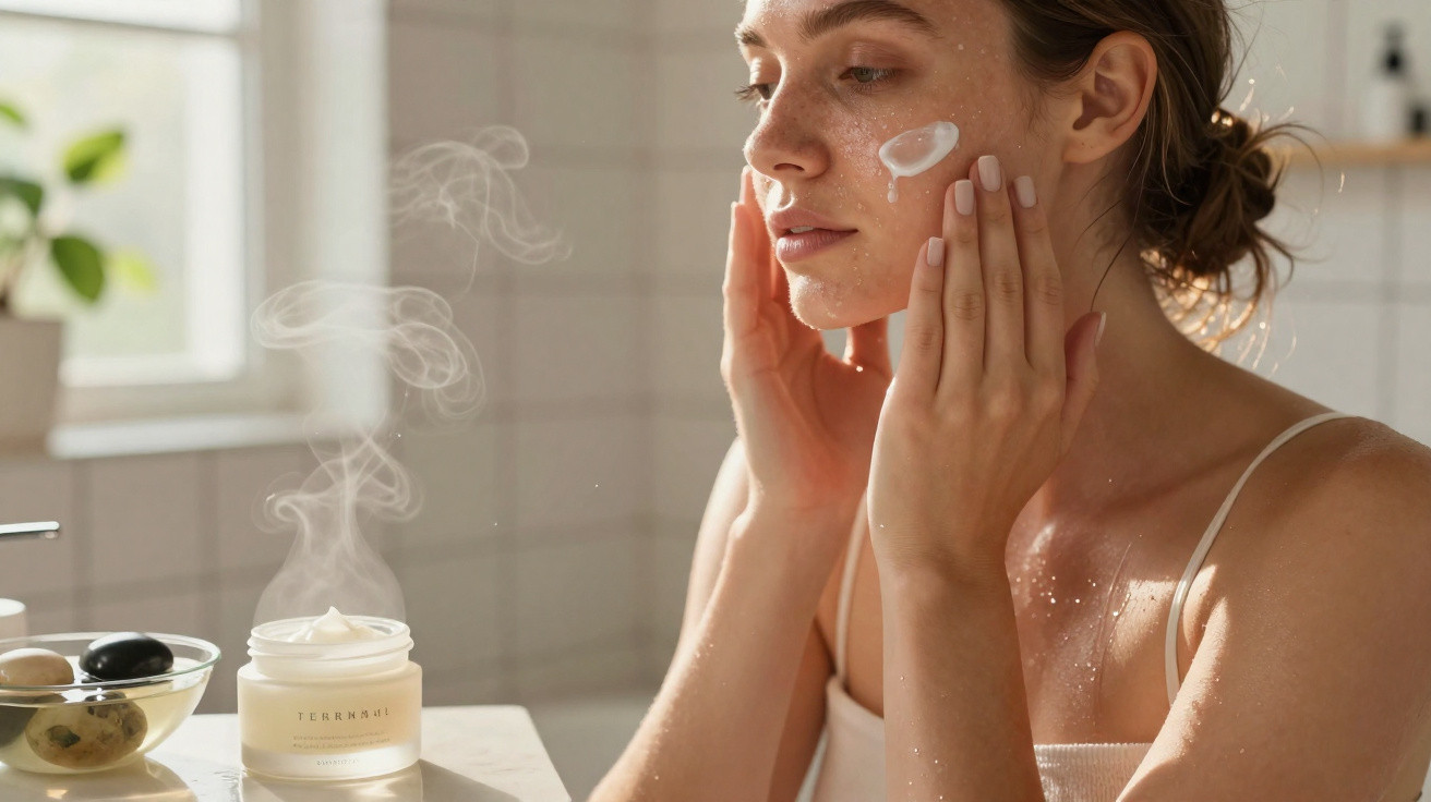 Frau trägt Gesichtscreme auf, neben ihr dampft ein Tiegel mit Naturkosmetik im hellen Badezimmer.