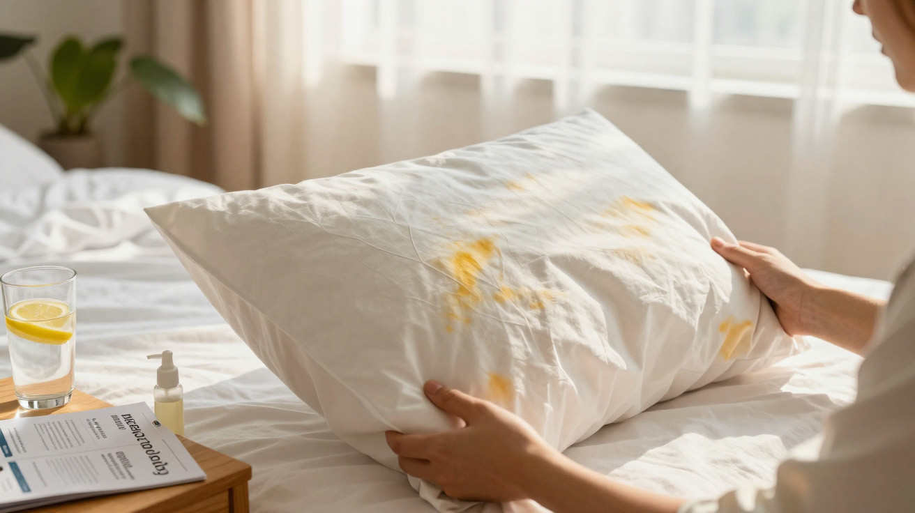 Person hebt ein Kissen mit gelben Flecken in einem hellen Schlafzimmer mit Glas Wasser und Medikamenten hoch.