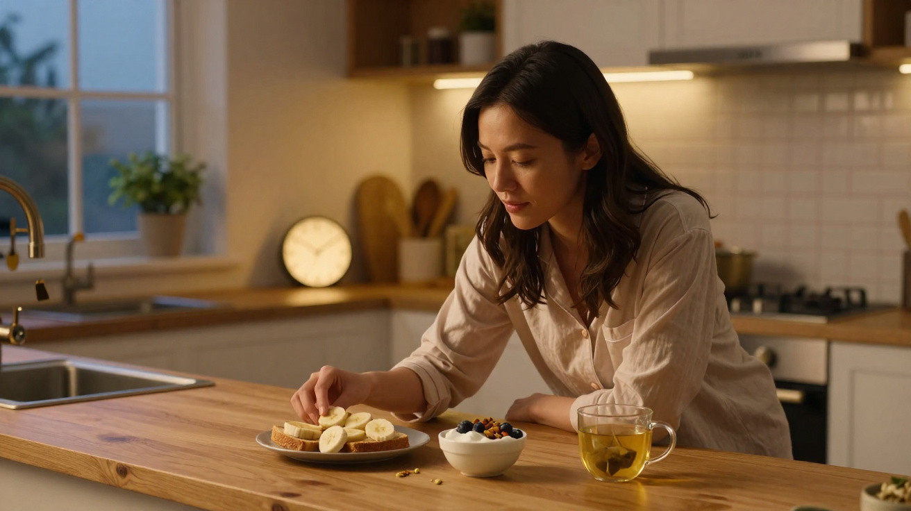 Frau in heller Bluse isst Bananenbrot in gemütlicher Küche mit Tee und Müsli am Holztresen.