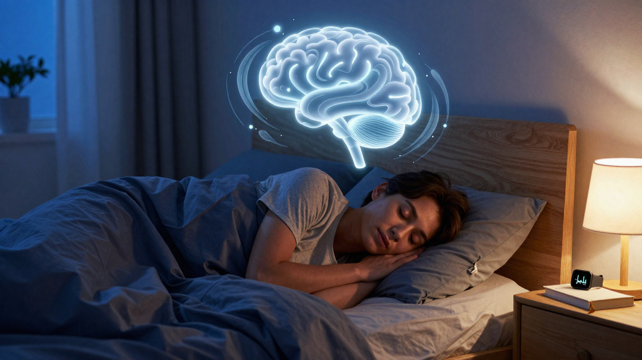 Person schläft im Bett mit digital dargestelltem Gehirn über dem Kopf in dunklem Schlafzimmer.
