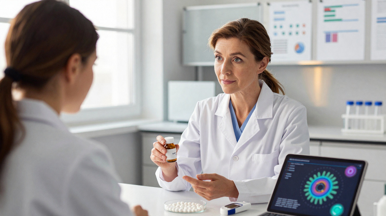 Ärztin erklärt Patientin ein Medikament im Beratungsgespräch in einer modernen Praxis.
