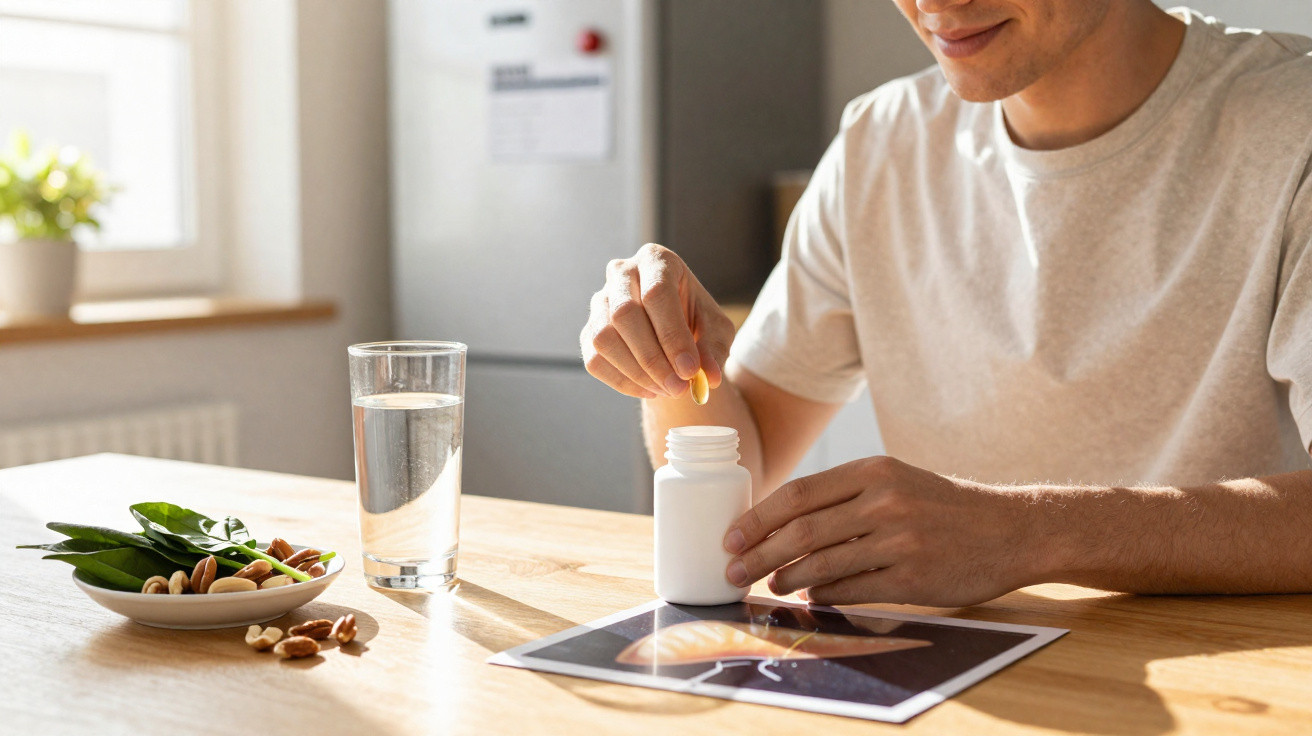 Mann nimmt eine Vitaminpille, auf dem Tisch sind ein Glas Wasser und eine Schale mit Nüssen und Blattgemüse.