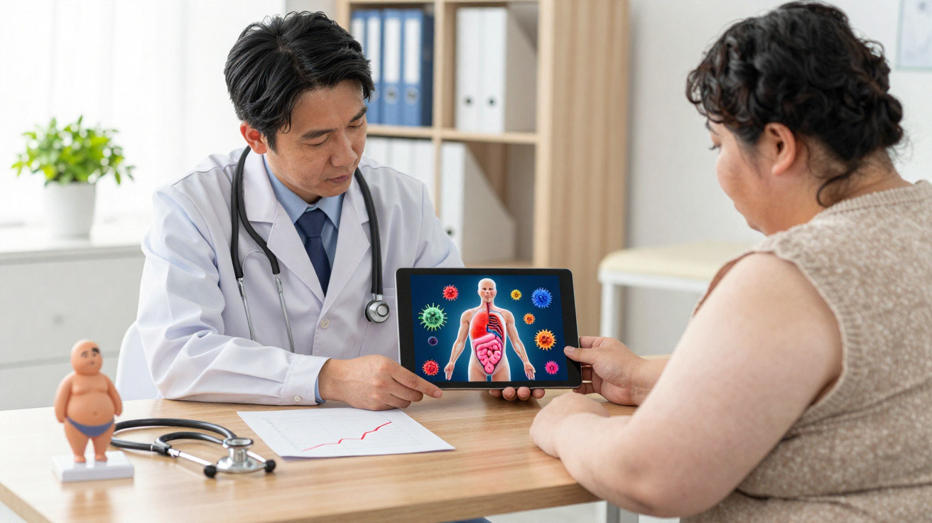 Arzt erklärt Patientin mit Tablet die inneren Organe und Viren bei einer Gesundheitsberatung.