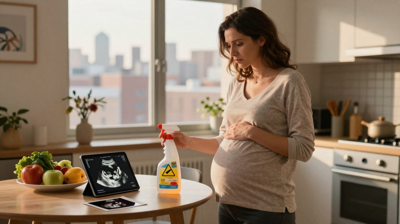 Schwangere Frau in moderner Küche mit Ultraschallbild auf Tisch und Reiniger in der Hand.