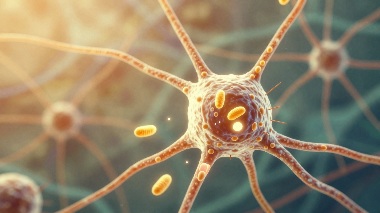 Nahaufnahme einer Nervenzelle mit Mitochondrien und verzweigten Fortsätzen im neuronalen Netzwerk.
